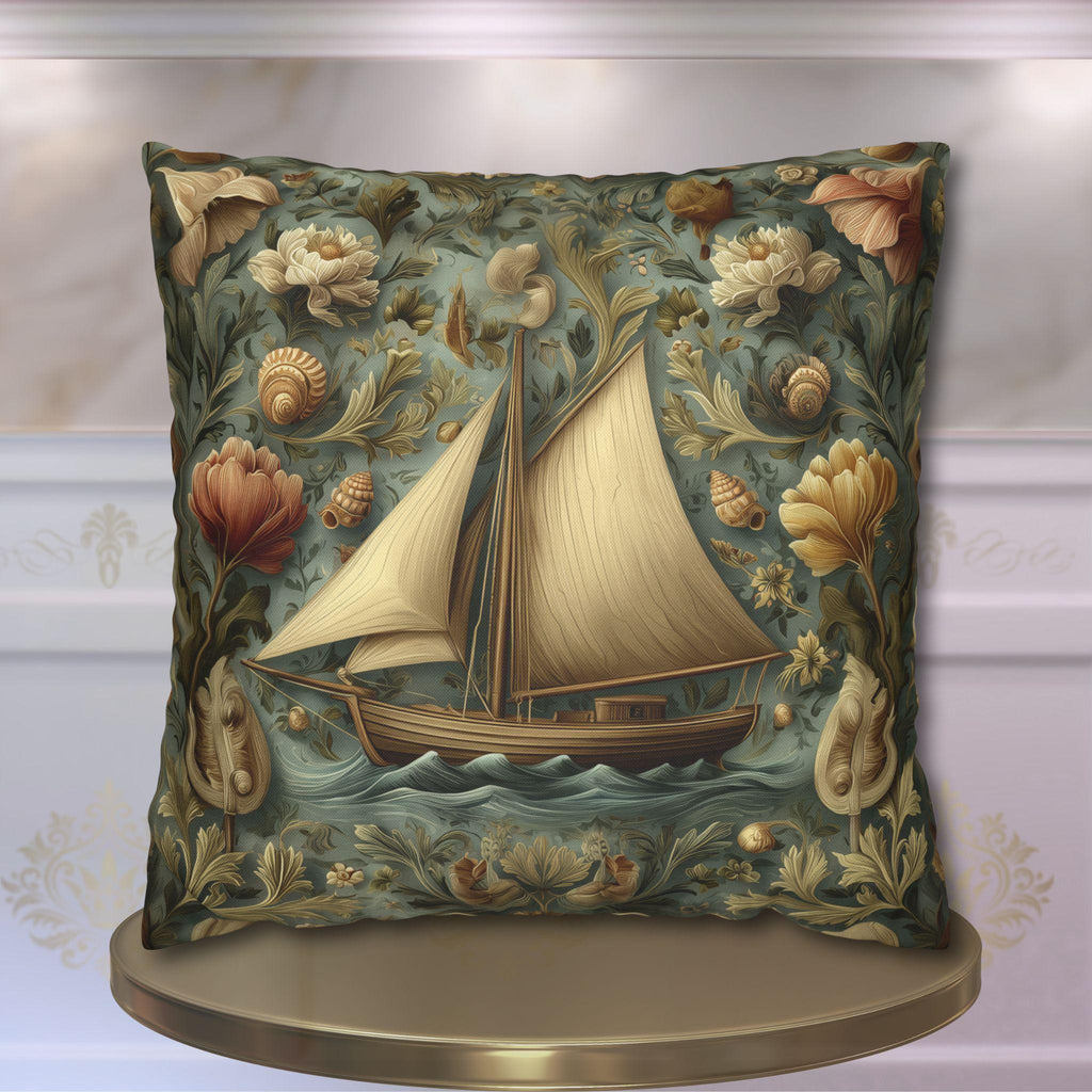 William Morris Inspired Coastal Sailboat Floral Pillow Cover in Ocean Blue and Sand Tones