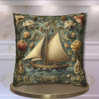 William Morris Inspired Coastal Sailboat Floral Pillow Cover in Ocean Blue and Sand Tones