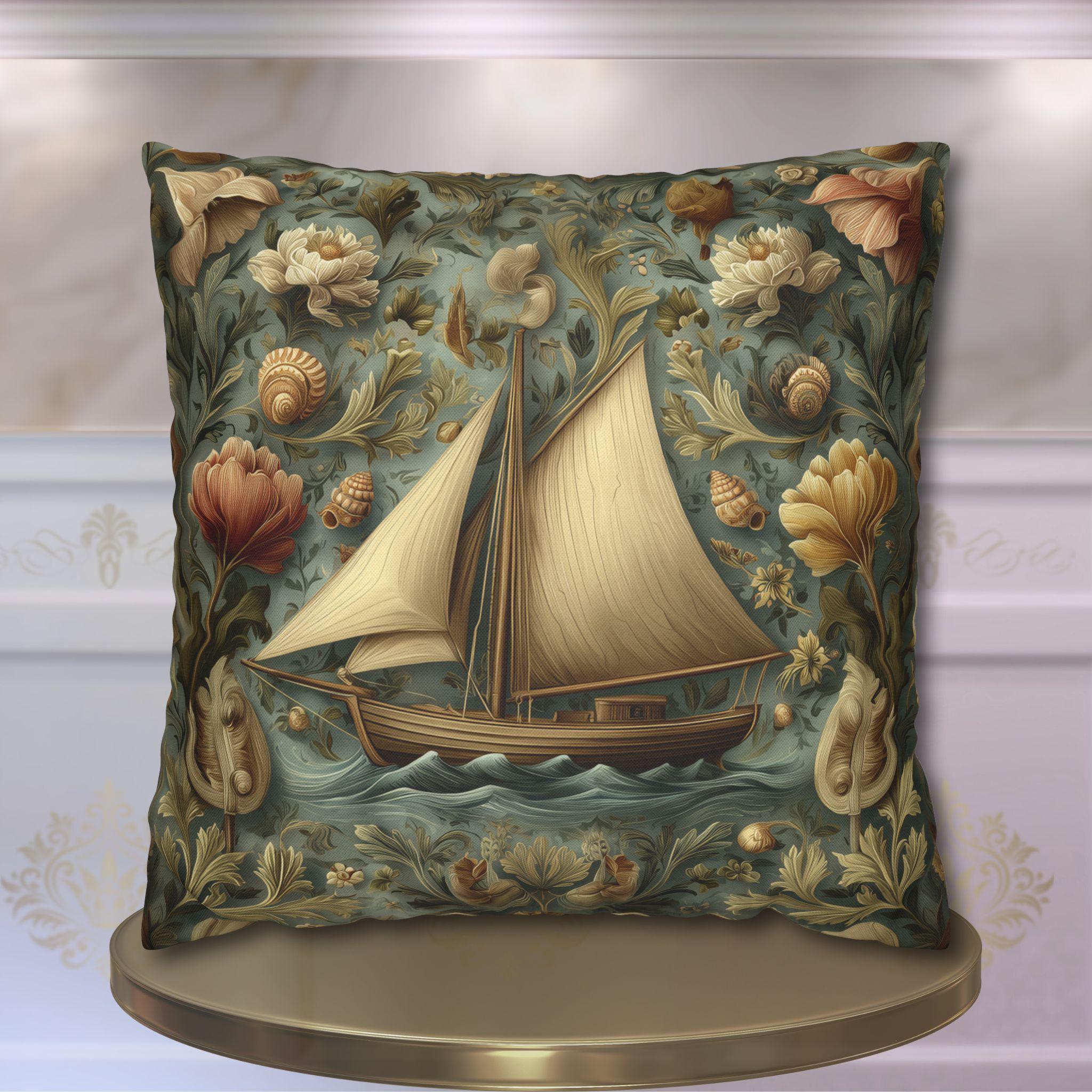 William Morris Inspired Coastal Sailboat Floral Pillow Cover in Ocean Blue and Sand Tones