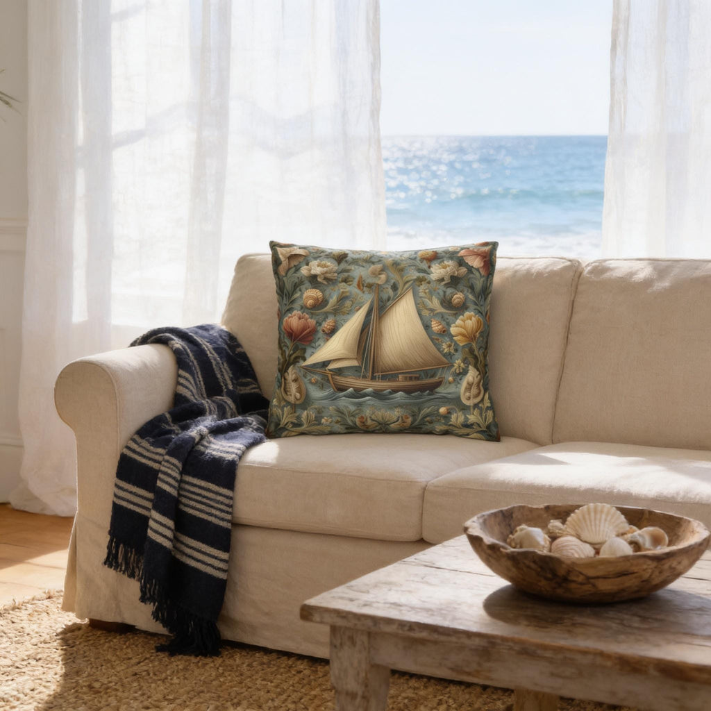 William Morris Inspired Coastal Sailboat Floral Pillow Cover in Ocean Blue and Sand Tones