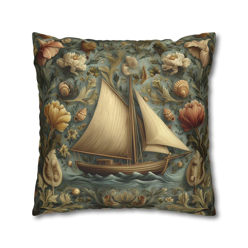 William Morris Inspired Coastal Sailboat Floral Pillow Cover in Ocean Blue and Sand Tones