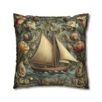 William Morris Inspired Coastal Sailboat Floral Pillow Cover in Ocean Blue and Sand Tones