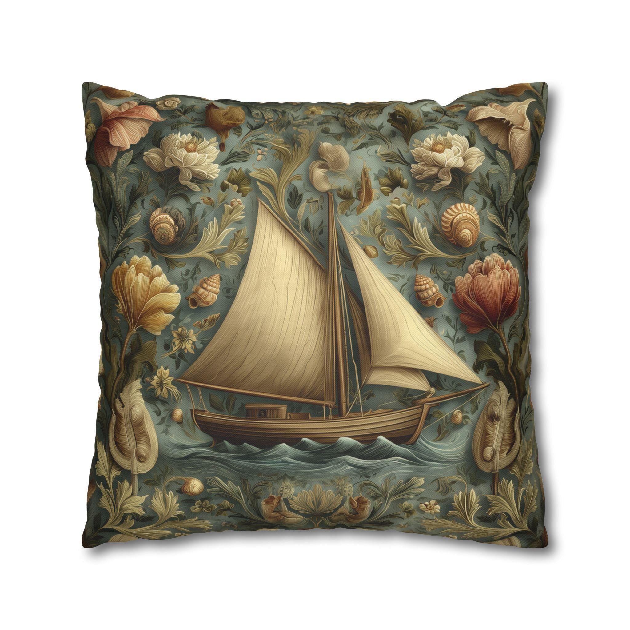 William Morris Inspired Coastal Sailboat Floral Pillow Cover in Ocean Blue and Sand Tones