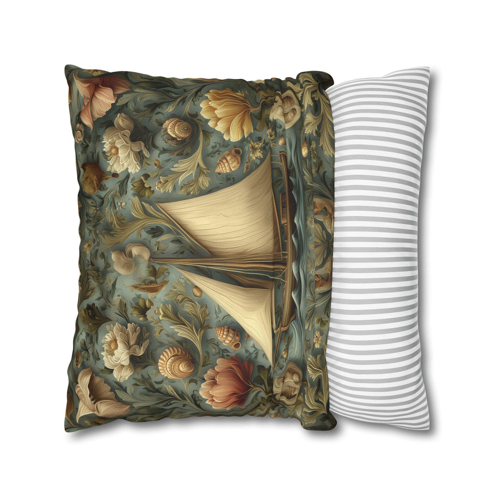William Morris Inspired Coastal Sailboat Floral Pillow Cover in Ocean Blue and Sand Tones