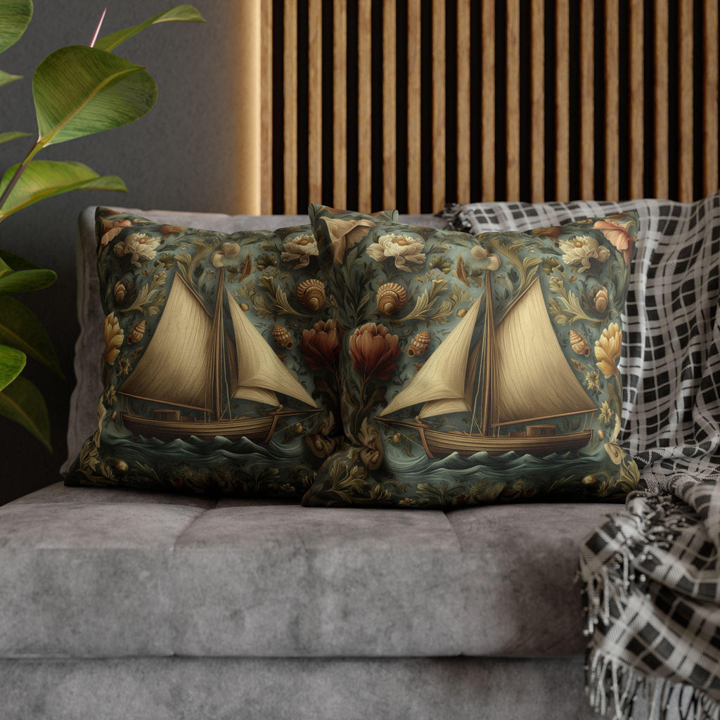 William Morris Inspired Coastal Sailboat Floral Pillow Cover in Ocean Blue and Sand Tones