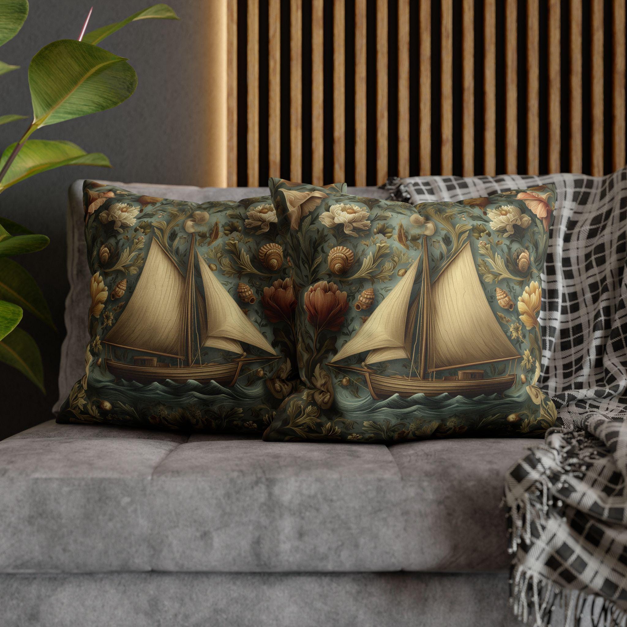 William Morris Inspired Coastal Sailboat Floral Pillow Cover in Ocean Blue and Sand Tones