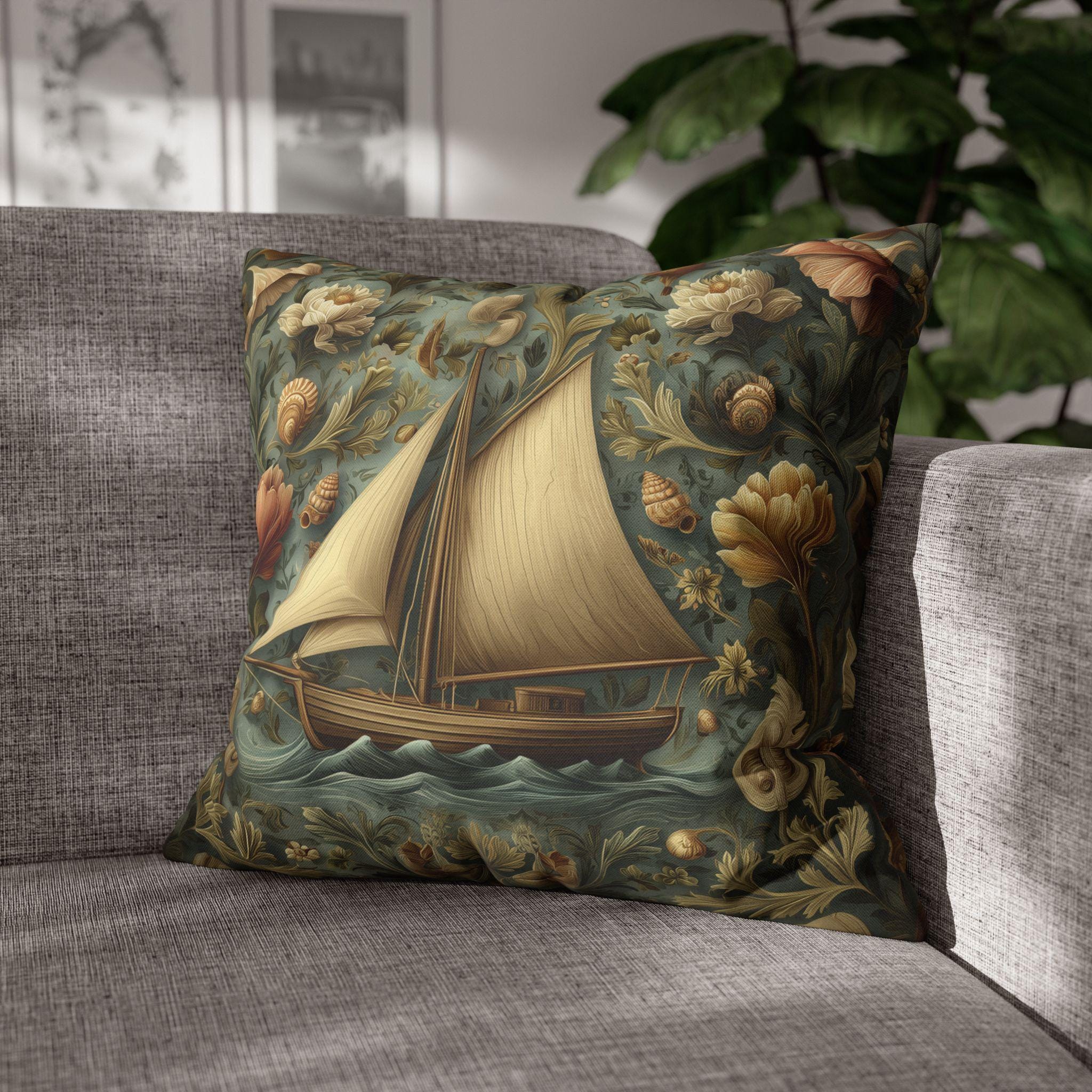 William Morris Inspired Coastal Sailboat Floral Pillow Cover in Ocean Blue and Sand Tones
