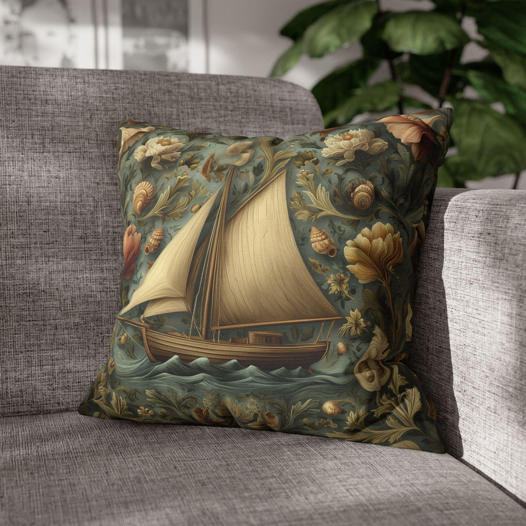 William Morris Inspired Coastal Sailboat Floral Pillow Cover in Ocean Blue and Sand Tones