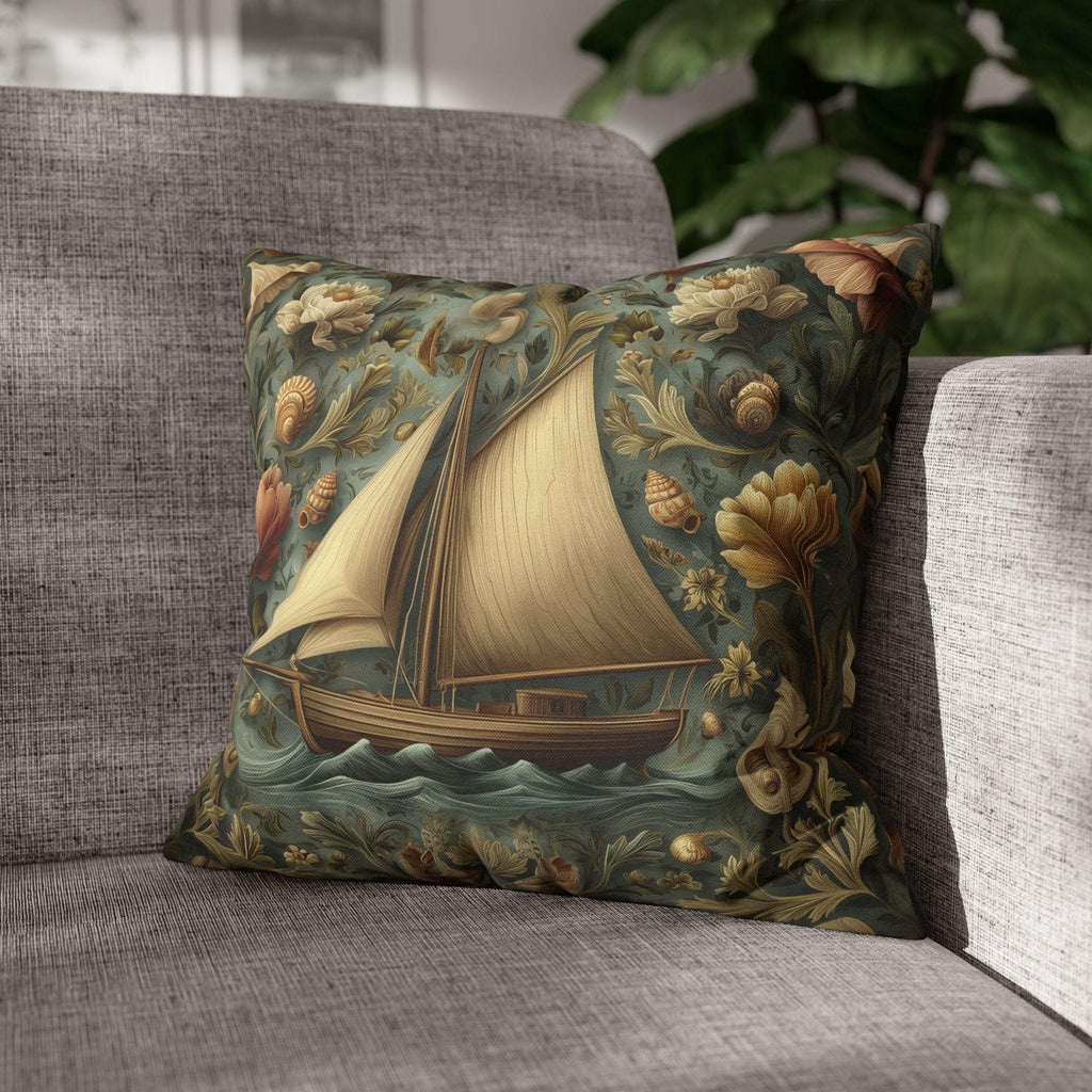 William Morris Inspired Coastal Sailboat Floral Pillow Cover in Ocean Blue and Sand Tones