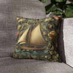 William Morris Inspired Coastal Sailboat Floral Pillow Cover in Ocean Blue and Sand Tones