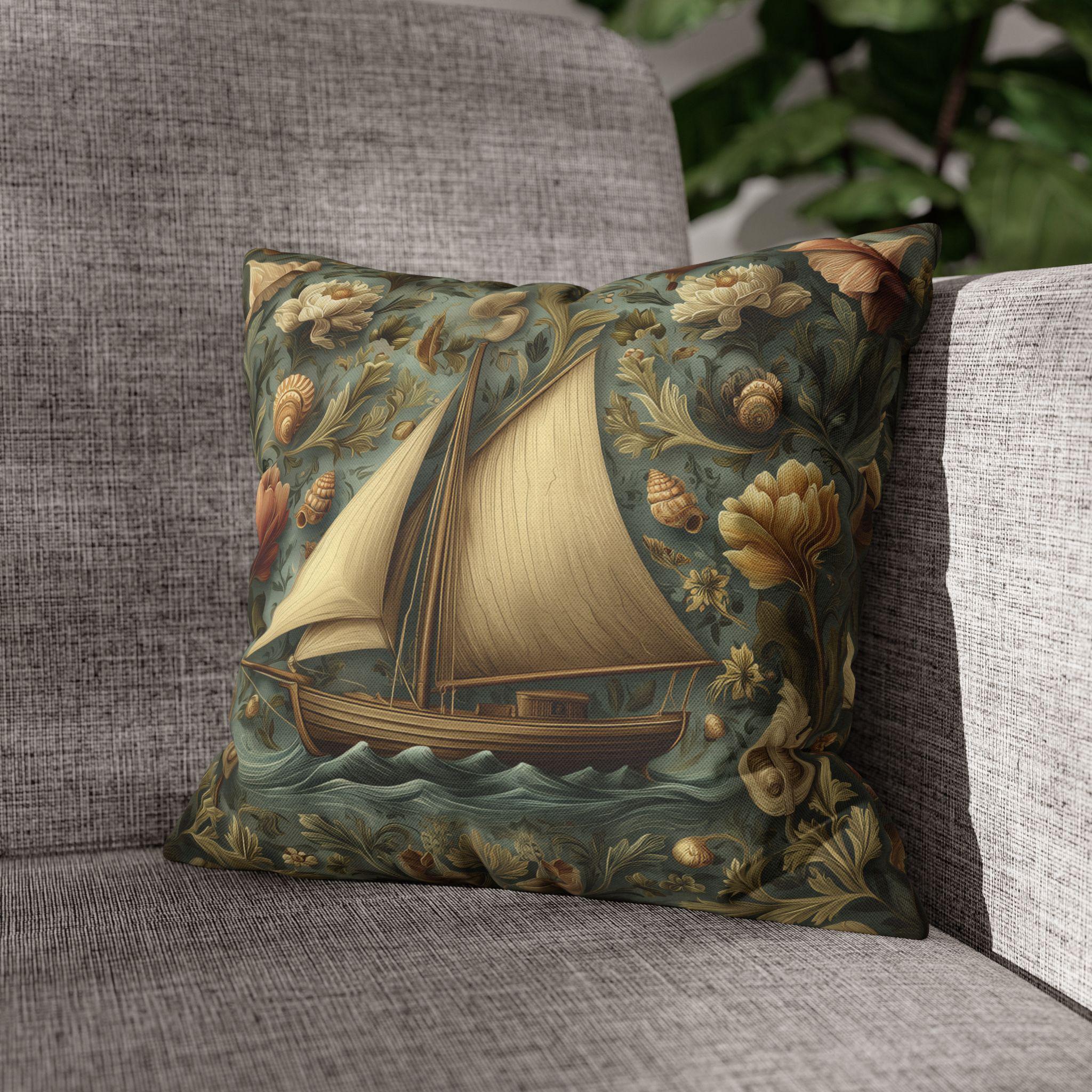 William Morris Inspired Coastal Sailboat Floral Pillow Cover in Ocean Blue and Sand Tones