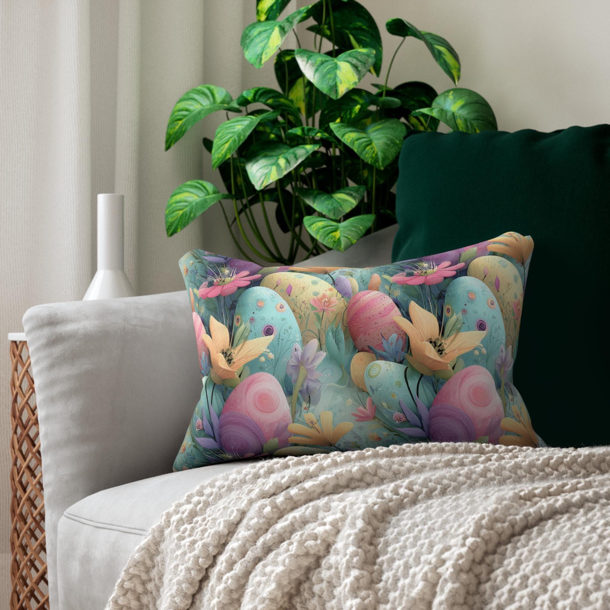 Retro Pastel Easter Lumbar Pillow:  Mid-Century Modern Floral Magic