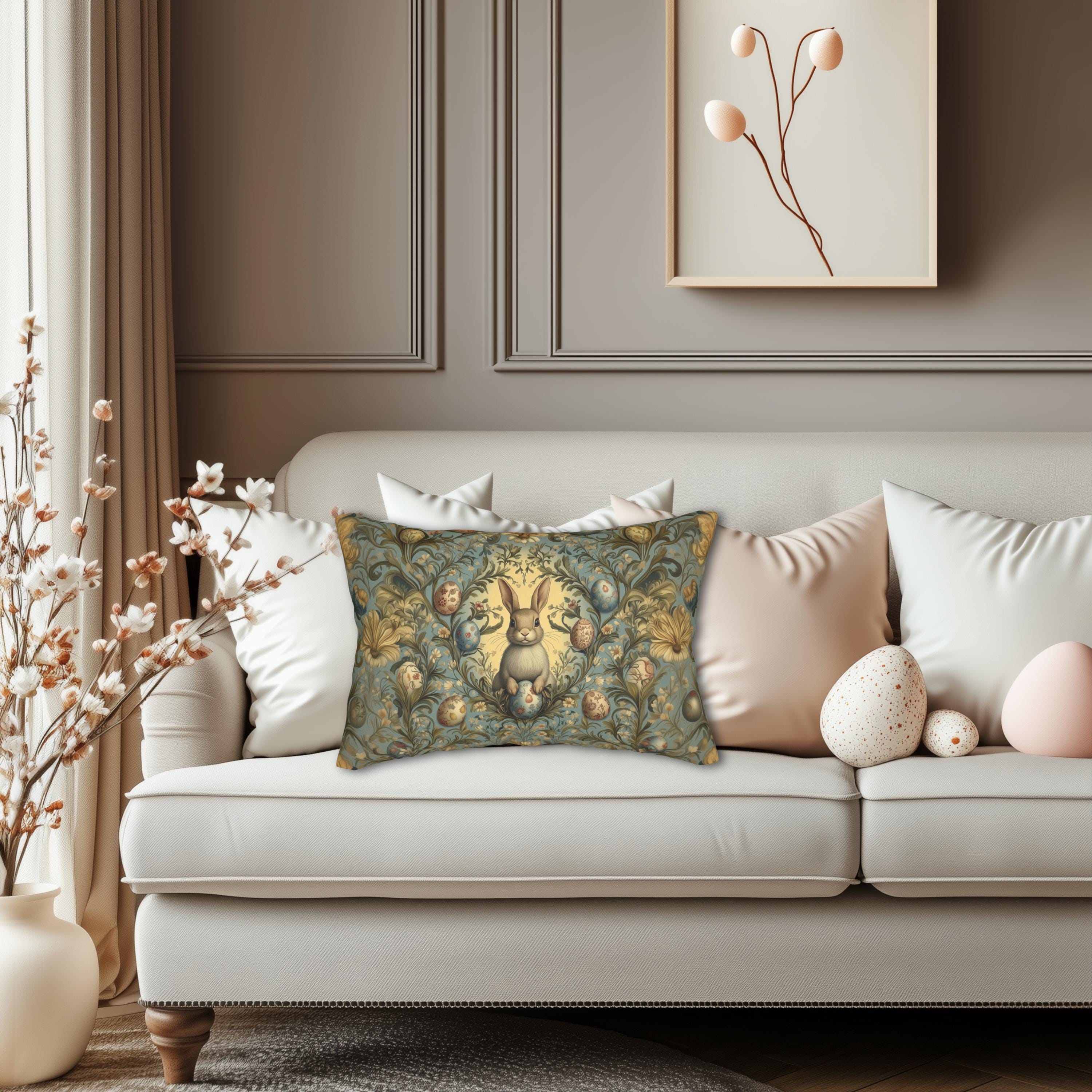 William Morris Easter Bunny Lumbar Pillow: Daisies & Vintage Eggs