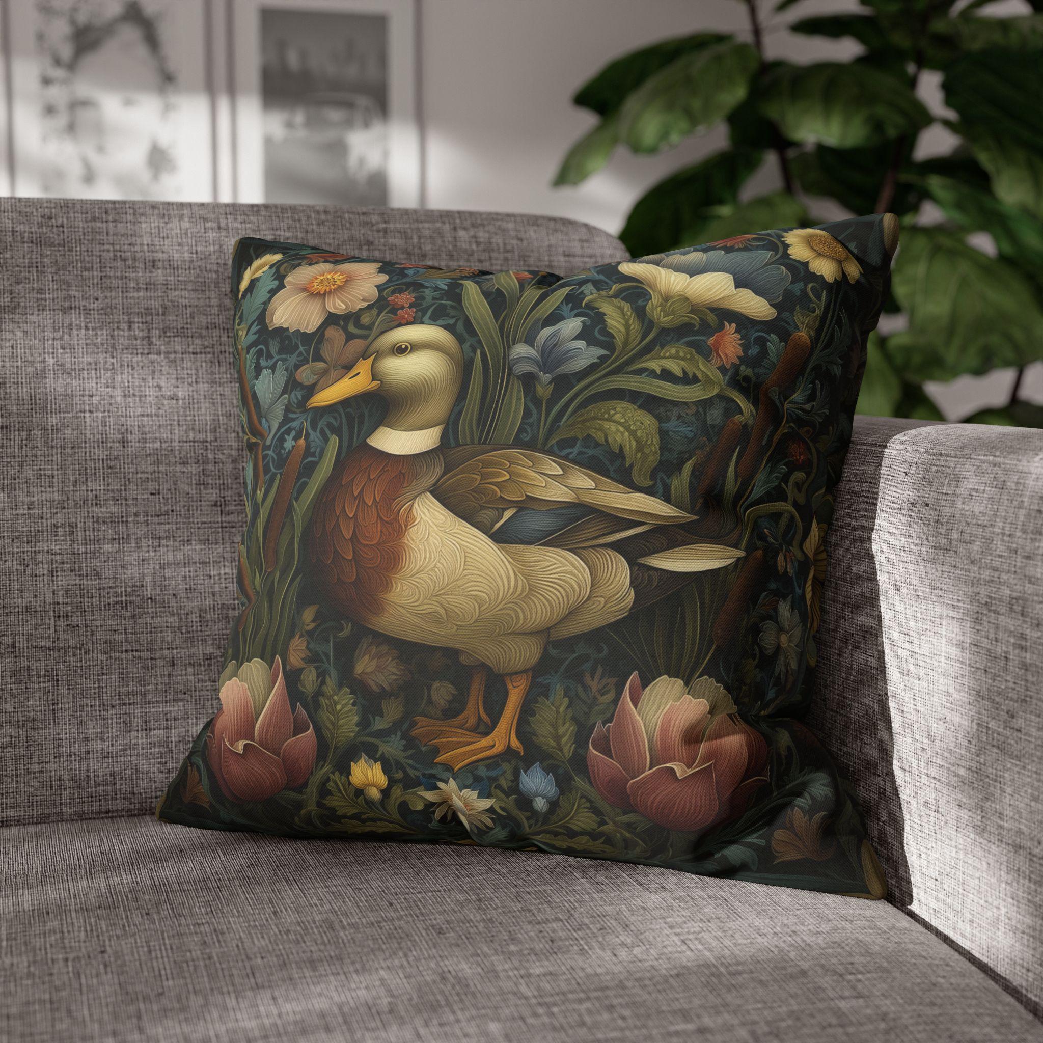 Mallard Duck Pillow Cover: William Morris Inspired Dark Floral Coastal Cushion for Cottagecore Charm