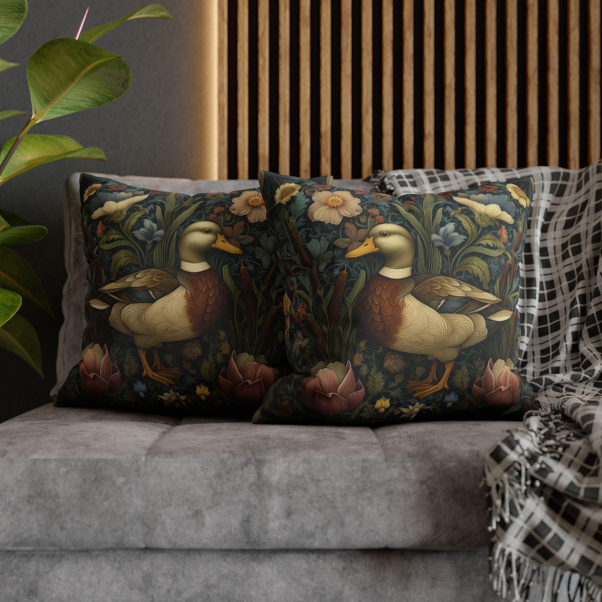 Mallard Duck Pillow Cover: William Morris Inspired Dark Floral Coastal Cushion for Cottagecore Charm
