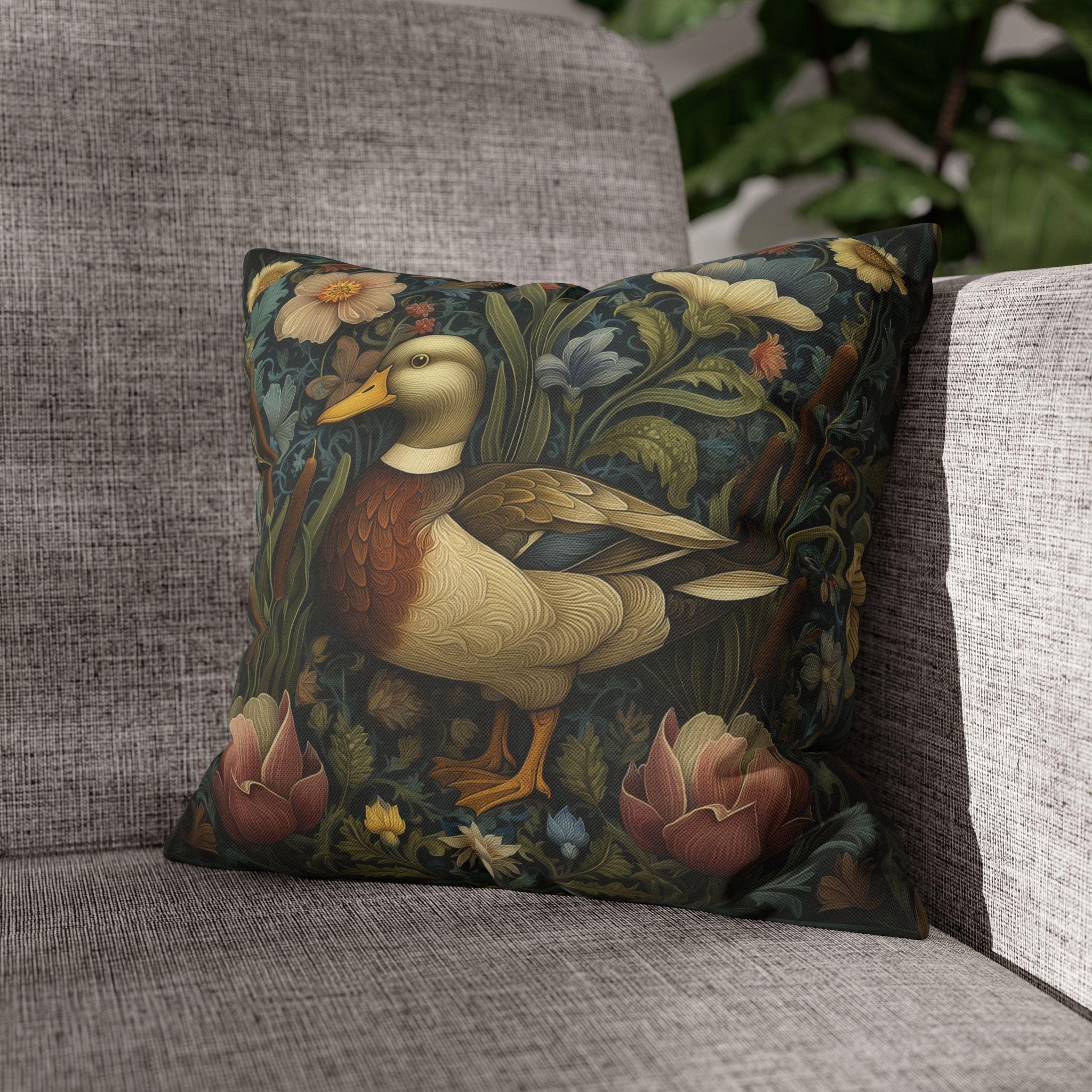 Mallard Duck Pillow Cover: William Morris Inspired Dark Floral Coastal Cushion for Cottagecore Charm