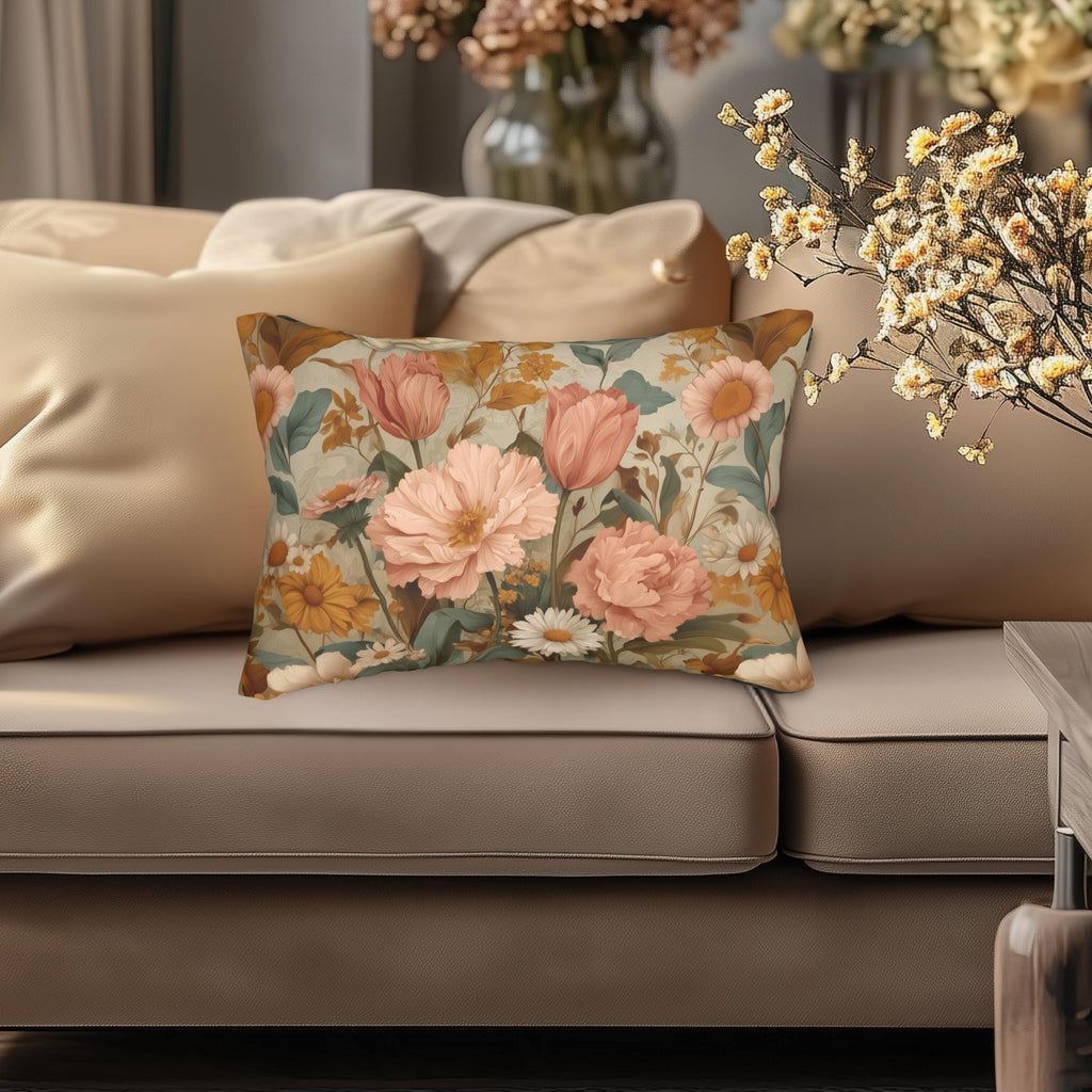 William Morris Inspired Botanical Lumbar Pillow: Dusty Rose, Sage, Ochre Autumn Accent
