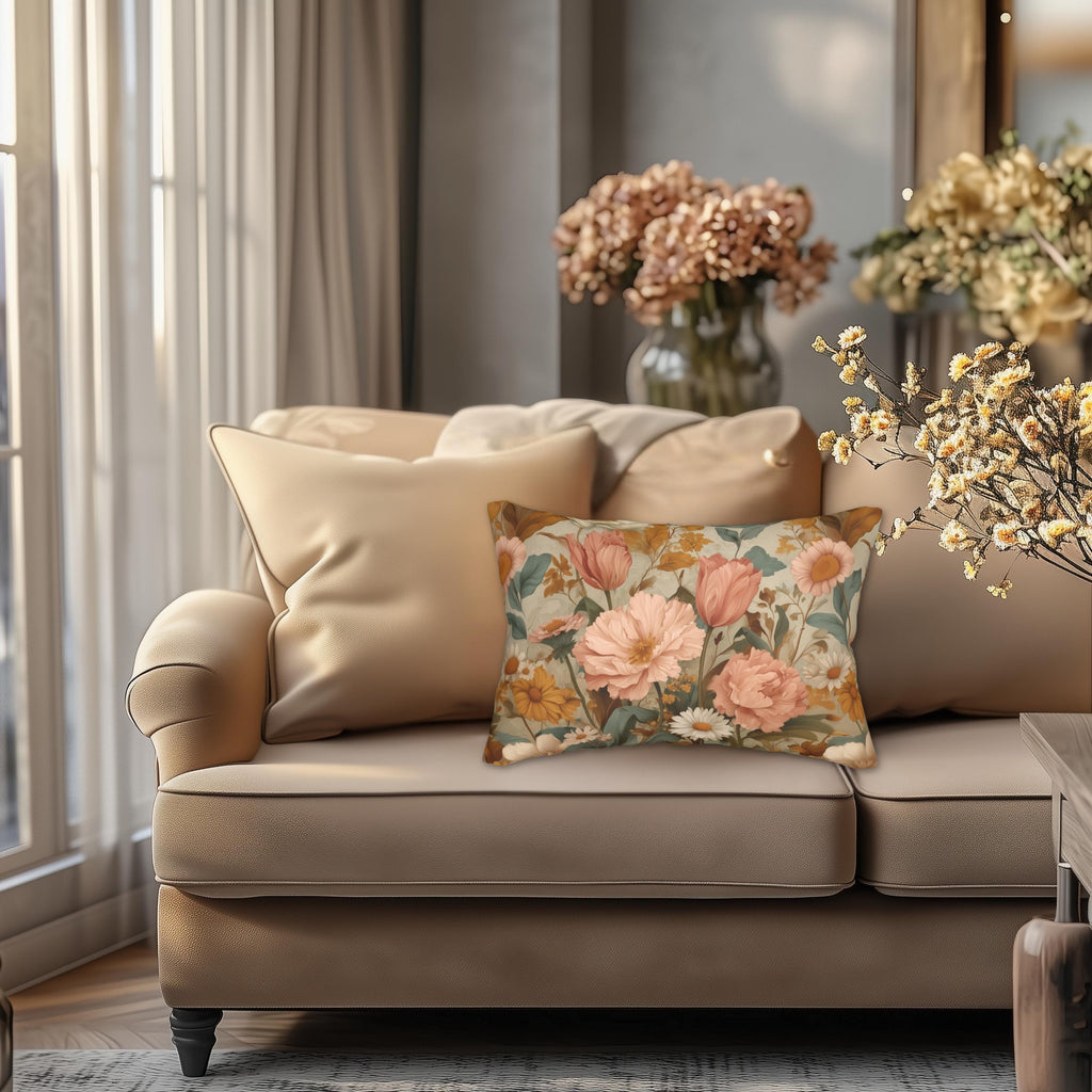 William Morris Inspired Botanical Lumbar Pillow: Dusty Rose, Sage, Ochre Autumn Accent