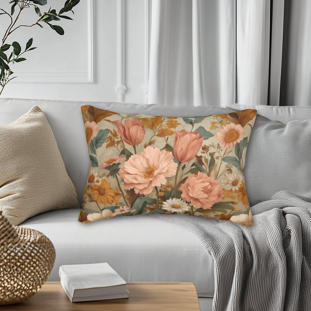 William Morris Inspired Botanical Lumbar Pillow: Dusty Rose, Sage, Ochre Autumn Accent