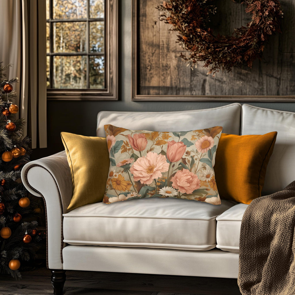 William Morris Inspired Botanical Lumbar Pillow: Dusty Rose, Sage, Ochre Autumn Accent