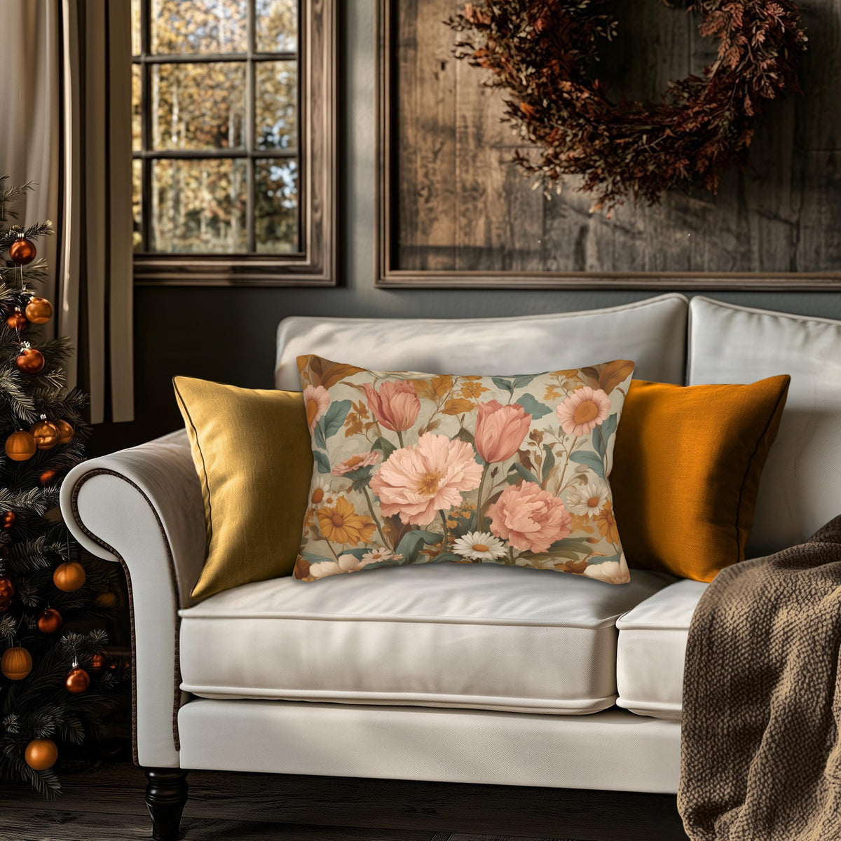 William Morris Inspired Botanical Lumbar Pillow: Dusty Rose, Sage, Ochre Autumn Accent