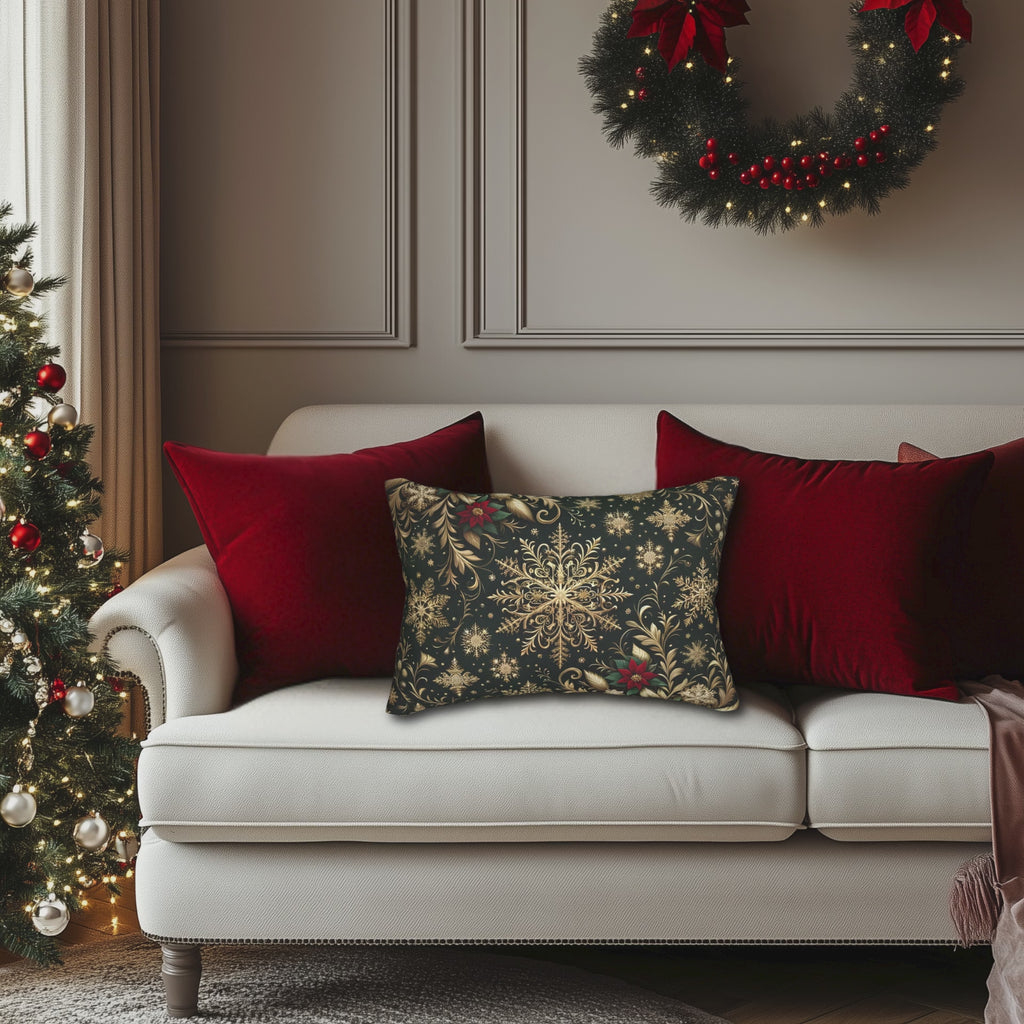 Poinsettia Christmas Lumbar Pillow: Golden Snowflakes, Emerald Green