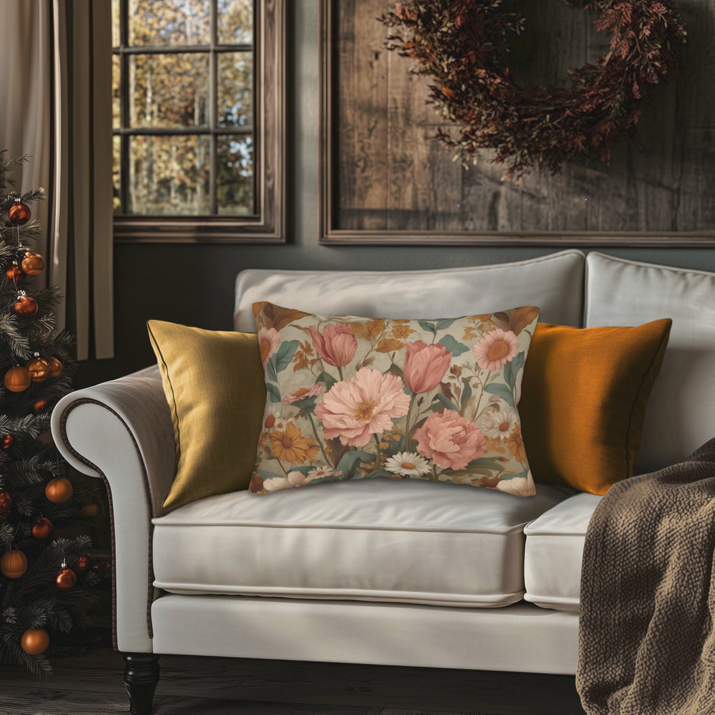 William Morris Inspired Botanical Lumbar Pillow: Dusty Rose, Sage, Ochre Autumn Accent
